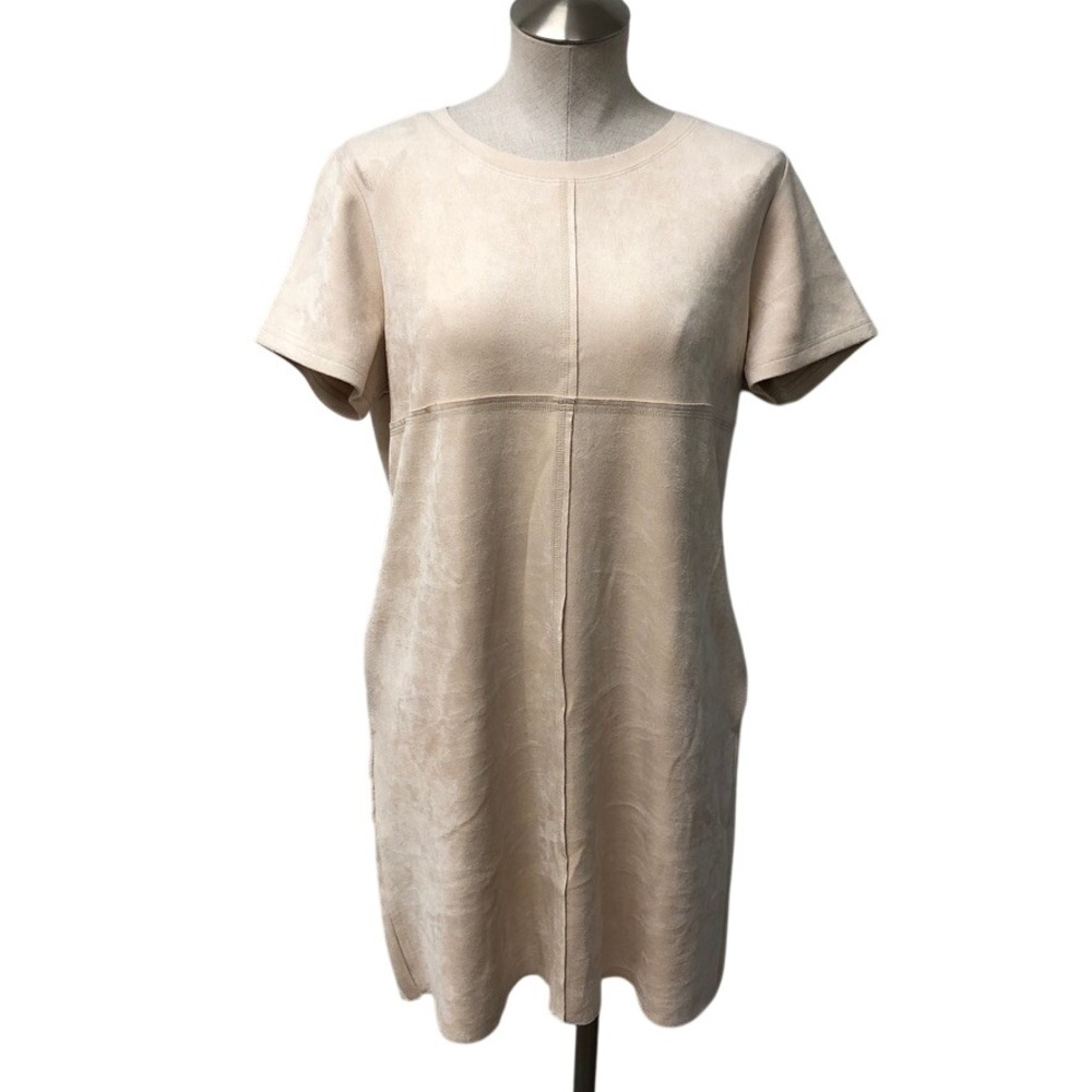 Joh Faux Suede Dress Women Large Beige Short Sleeve Shift A8449 Crew Neck Cream